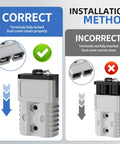Badass 175 Amp Battery Quick Disconnect Connector Kit 600V 1/0 AWG Wire Harness showing correct and incorrect installation methods.