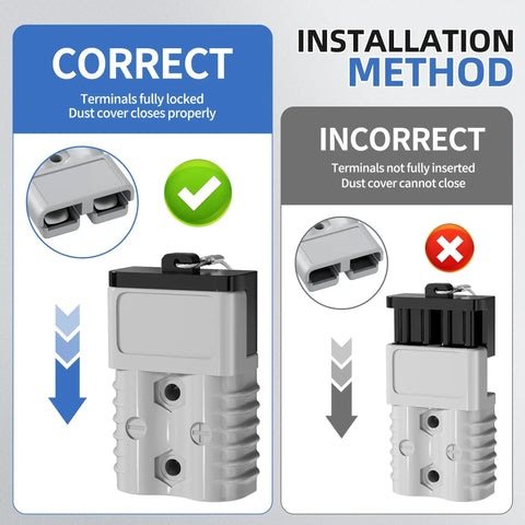 Badass 175 Amp Battery Quick Disconnect Connector Kit 600V 1/0 AWG Wire Harness showing correct and incorrect installation methods.