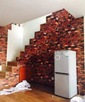 Staircase and wall covered in Rust Red Brick Self Adhesive Wallpaper Peel And Stick For Walls Fireplace Countertops And Doors 18 Inch Wide