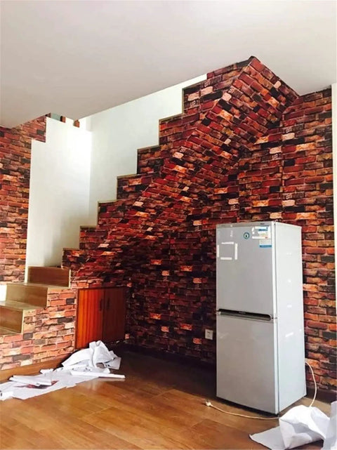 Staircase and wall covered in Rust Red Brick Self Adhesive Wallpaper Peel And Stick For Walls Fireplace Countertops And Doors 18 Inch Wide