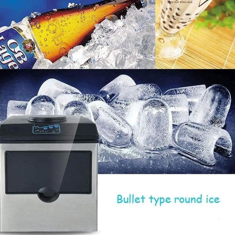 Badass Compact Countertop Ice Maker Churns Fifty Five Pounds Of Crisp Round Cubes Daily With Sleek Top Fill Lid and Speed Freeze System seen with bullet type round ice.