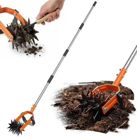 2 In 1 Rotary Garden Tiller And Weeder With Detachable Weed Knife 73 Inch Adjustable Stainless Handle Manual Cultivator