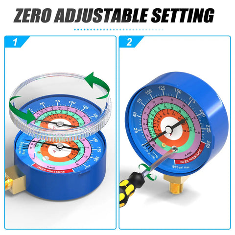 Refrigeration Pressure Gauge For AC Systems, Pro Grade 1/8 Inch NPT, 30 In Hg To 250 Psi Range, 2.75 Inch Dial, Blue Face, Adjustments