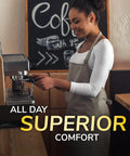 Woman in apron using coffee machine All Day Work Insoles With Massaging Gel For Women One Pair Trim To Fit visible text
