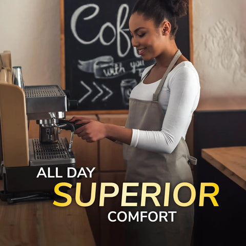 Woman in apron using coffee machine All Day Work Insoles With Massaging Gel For Women One Pair Trim To Fit visible text