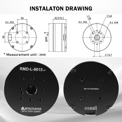Installation drawing and front and back view of Tiny But Mighty Micro Brushless DC Servo Motor With High Torque And 18-Bit Encoder