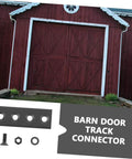 Sliding Barn Door Hardware Track Connector Set Black Finish For Repair And Replacement shown against a wooden barn door.