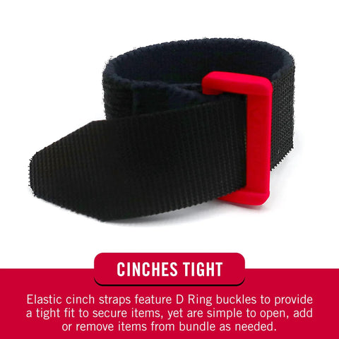 Elastic Cinch Straps With Buckle Two Pack showing black strap with red D-ring buckle, suitable for cables and gear.