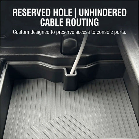 Tesla Cybertruck Lower Console Organizer Pro for 2024 2025 2026 Models showing reserved hole for unhindered cable routing.
