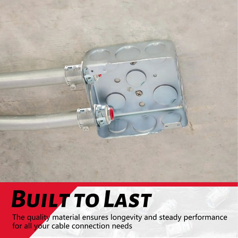 Top Rated 15 Pack Snap In Metal Clad Cable Connectors With 3/8 Inch Cable Grip And 1/2 Inch Knockouts installed on a metal box.