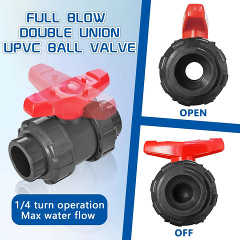 1 Inch UPVC Ball Valve True Union Full Flow PVC SCH 80 Shut Off for Irrigation Pool and Venting Systems, shown open and closed