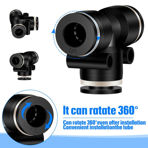 Close-up view of 20 Pack 1 Quarter Inch Pneumatic Push To Connect Tee Fittings Plastic 3 Way Air Line Adapter, showcasing 360° rotation feature.