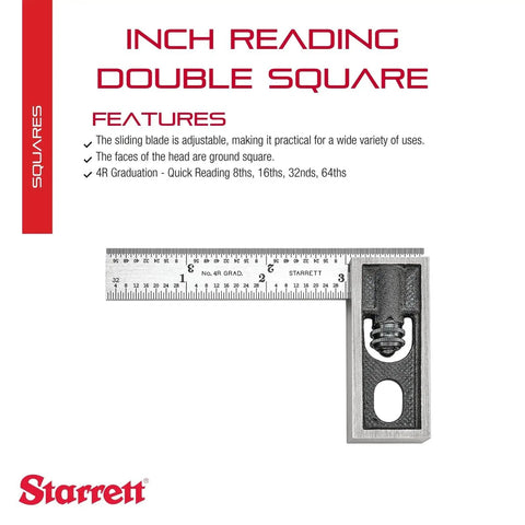 Inch Reading Double Square With Satin Chrome Finish And Hardened Blade Four Inch Blade 32nds To 64ths Graduations Adjustable