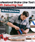 Mechanic using Brake Line Kit With Pro Grade Deburring Tools For Cars And Trucks 25 Ft Copper Steel Tubing Set in garage