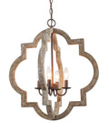 Rustic Wood Farmhouse Chandelier Four Light Hanging Ceiling Fixture For Dining Room, Living Room, Openwork Quatrefoil Design