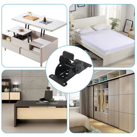 Hella Tough Heavy Duty Folding Brackets 2 Pack for adjustable support legs, showcased with furniture like tables and beds.