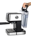 Compact touchscreen espresso machine with stainless steel design and removable 50 oz water tank for easy refills.