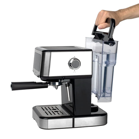 Compact touchscreen espresso machine with stainless steel design and removable 50 oz water tank for easy refills.