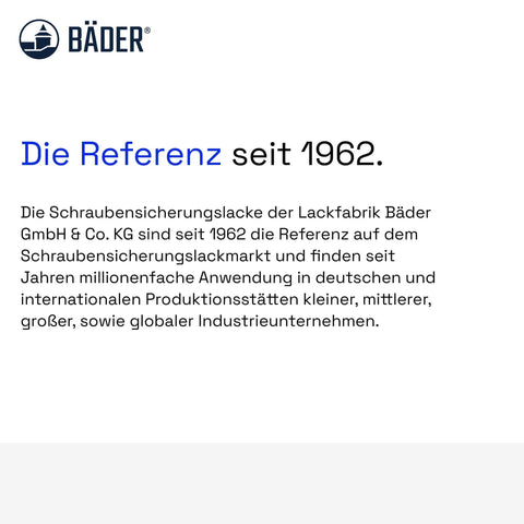 Bäder logo with text 'Die Referenz seit 1962' in German, describing the company's history and market presence.