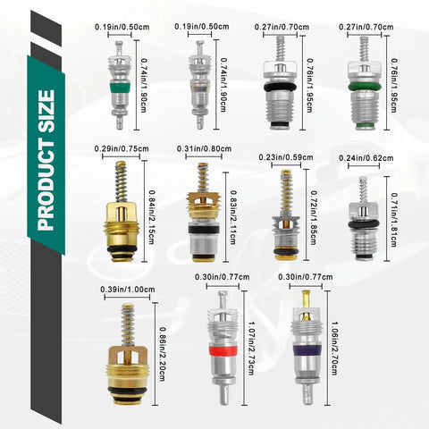 Green Rubber O Ring Kit And Car AC Valve Core Kit Set For R12 And R134a Repairs 270 Pcs O Ring Seals Plus 102 Pcs Valve Core Kit sizes shown