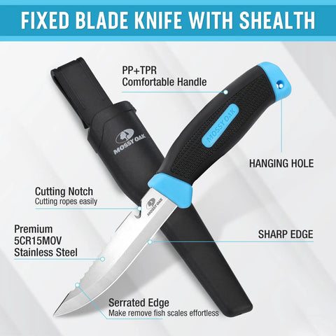 Fixed blade knife with sheath from 6 Piece Fishing Tools Kit With Pliers Fillet Knife Fish Lip Gripper Hook Remover Digital Fish Scale Line Snips.
