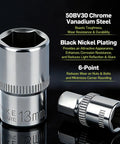 Chrome vanadium steel 13mm socket from Compact 43-Piece 1/4 Inch Drive Mini Tool Kit For Tight Spaces With 72-Tooth Mini Ratchet And 4-14mm Metric Socket Set, Motorcycle Maintenance Essentials In Chrome-Vanadium Steel.