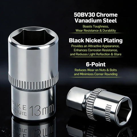 Chrome vanadium steel 13mm socket from Compact 43-Piece 1/4 Inch Drive Mini Tool Kit For Tight Spaces With 72-Tooth Mini Ratchet And 4-14mm Metric Socket Set, Motorcycle Maintenance Essentials In Chrome-Vanadium Steel.