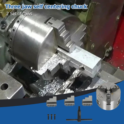 K11-80 3 Inch 3 Jaw Self Centering Lathe Chuck for CNC drilling showing steel jaws gripping metal block