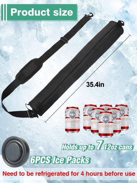 Cooler Beer Sleeve With Six Ice Pucks Keeps Seven 12 Oz Cans Cold In Your Golf Bag On The Course Easy Access And Great For Casual Swigs Smart Gift For Men Black Golf Bag Accessory, shown with dimensions and ice packs.