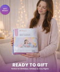 Pink Princess Bed Canopy With Glowing Stars For Girls product held by woman, rainbow netting packaging, gift ready scene