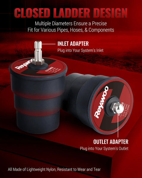 Reywoo turbo leak tester kit, 10pc set with red/black disk adapters and inlet/outlet fittings (front view)