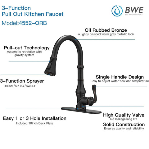 Oil Rubbed Bronze Kitchen Faucet With Pull Out Sprayer, Three Spray Modes, Single Handle, High Arc Design with deck plate