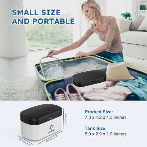 Woman packing Ultrasonic Jewelry Cleaner Portable 500ML Deep Cleaning At 42kHz With Stainless Steel Tank into suitcase