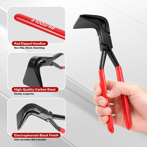 Three Piece Hand Seamer Set For Sheet Metal Bending With Straight 45 Degree And 90 Degree Jaws Two And Three Eighths Inch Wide Pliers Comfortable Grip Handles For Auto Body Home DIY And Metal Fabrication, showing 45-degree jaw with red handles and carbon steel material.