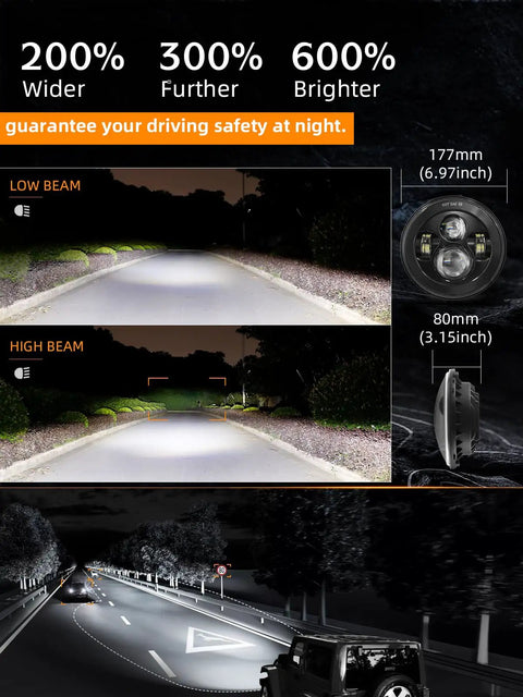 Comparison of 7 Inch LED Headlights Hi Low Beam 6000K Round Replacement on road with low and high beam views for Jeep Wrangler