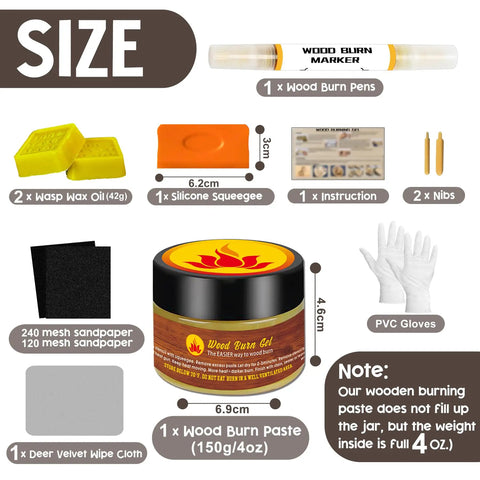 Wood Burn Paste Kit 4 Oz Gel For Easy DIY Wood Burning In Minutes with tools, gel jar, marker, squeegee, sandpaper, and gloves.