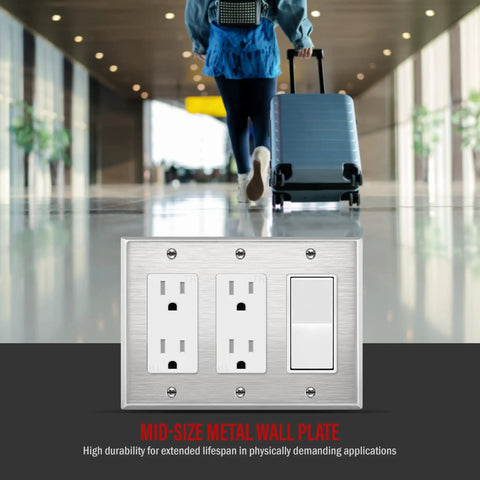 Heavy Duty Stainless Steel Wall Plate For Decorator Switch And Outlet, Three Gang, 4.5 By 6.38 Inches, Corrosion Resistant