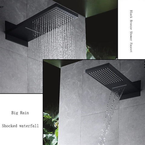 RIBEUJIZS Digital Shower System, Black Luxury Shower Mixer Kit Digital Display Wall Mounted Rain Waterfall Faucet with waterfall feature.