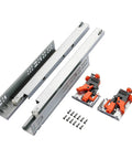 Six Pair Of 22 Inch Undermount Soft Close Drawer Slides Featuring Smooth Operator Glide Mechanics And Heavy Hitter 100 Pound Load Rating For No Sweat Cabinet Upgrades In Any Home Space Today, with steel rails and orange clips.