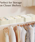 Fabric Drawer Organizers For Clothes, Dresser Bins With Adjustable Divider Panels, Closet Storage Cubes For Baby Knickknacks And Underwear, Beige Four Pack on closet shelves.