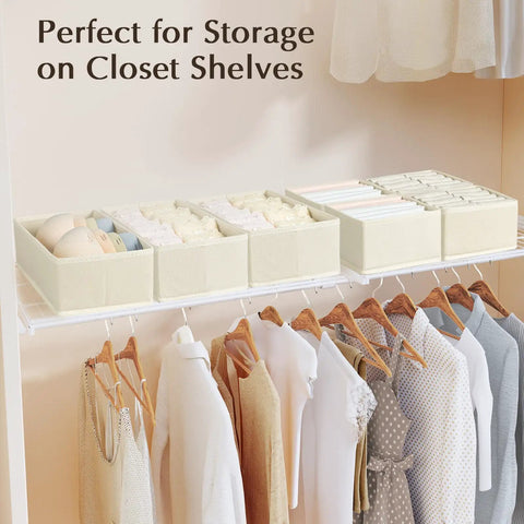 Fabric Drawer Organizers For Clothes, Dresser Bins With Adjustable Divider Panels, Closet Storage Cubes For Baby Knickknacks And Underwear, Beige Four Pack on closet shelves.