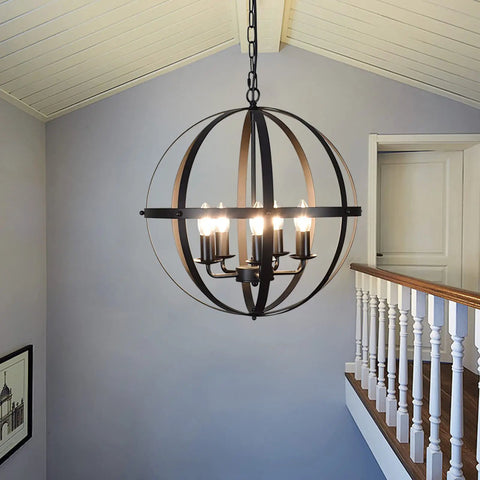 Vintage 5 Globe Pendant Light With Dope Adjustable Chain Metal Flush Mount Chandelier In Matte Black for stairwell view
