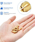Hand holding Versatile 10 Piece Chuck Collet Kit For Dremel Rotary Tools Brass Quick Change Collets Set with sizes info