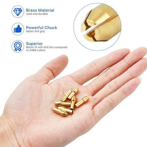 Hand holding Versatile 10 Piece Chuck Collet Kit For Dremel Rotary Tools Brass Quick Change Collets Set with sizes info