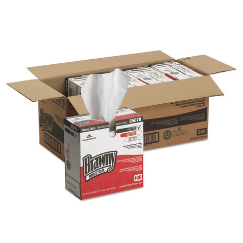 Heavy Duty HEF Industrial Shop Towels 500 Count Case Of 5 Boxes White 9.1 Inch By 16.5 Inch Wipers Tear Resistant Low Lint For Grime Busting Solvent Cleanup With Portable Dispenser