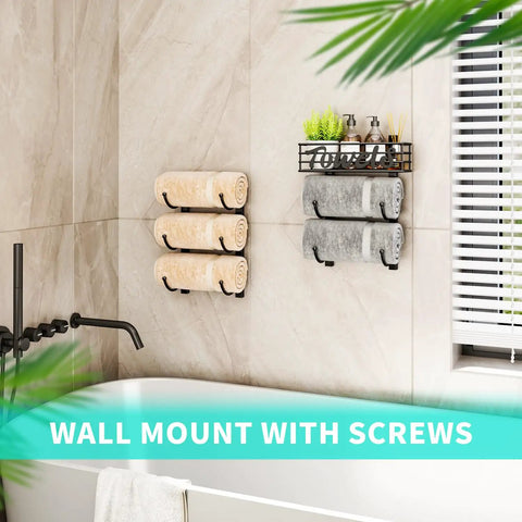 Six Tier Over The Door And Wall Mount Towel Rack With Metal Shelf Basket For Small Bathrooms Campers And RVs Black Patented Design No Fuss Space Saving Convenience wall mounted in bathroom with towels and decor