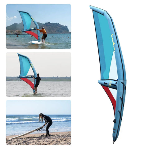 Inflatable Sail For Wing Foil Boards, 360 Degree Rotatable Base, 45.2ft2 Sail Area, PVC Wing Shaped Board Gear on the beach.