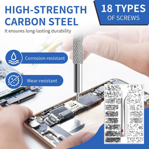 Hella Tough Micro Screw Assortment Kit With Precision Tweezers And Driver For Laptops Eyeglasses Watches Jewelry Gadgets No Sweat Repairs Solid Black Gear, close-up of high-strength carbon steel screws in use.