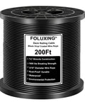 Heavy Duty 200Ft Black Vinyl Coated Wire Rope 3/16 Inch Thick Aircraft Cable on spool, suitable for deck railing and DIY projects.