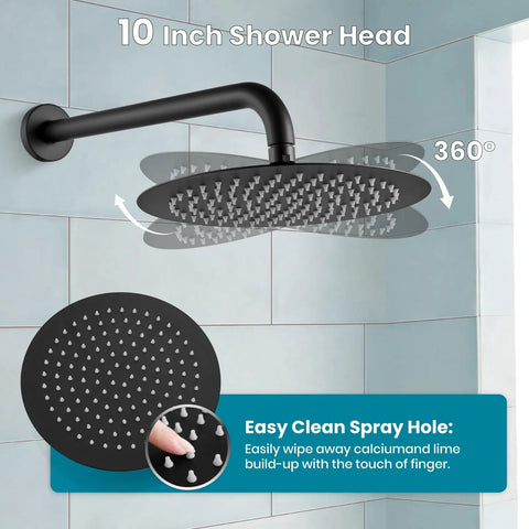 Rain Shower System With 10 Inch Round Showerhead And Handheld High Pressure Faucet Set In Matte Black Finish, installed in bathroom